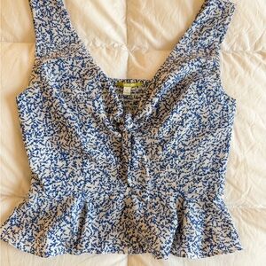 Gianni Bini Blue & White Floral Tie-Front Peplum Top Size 2